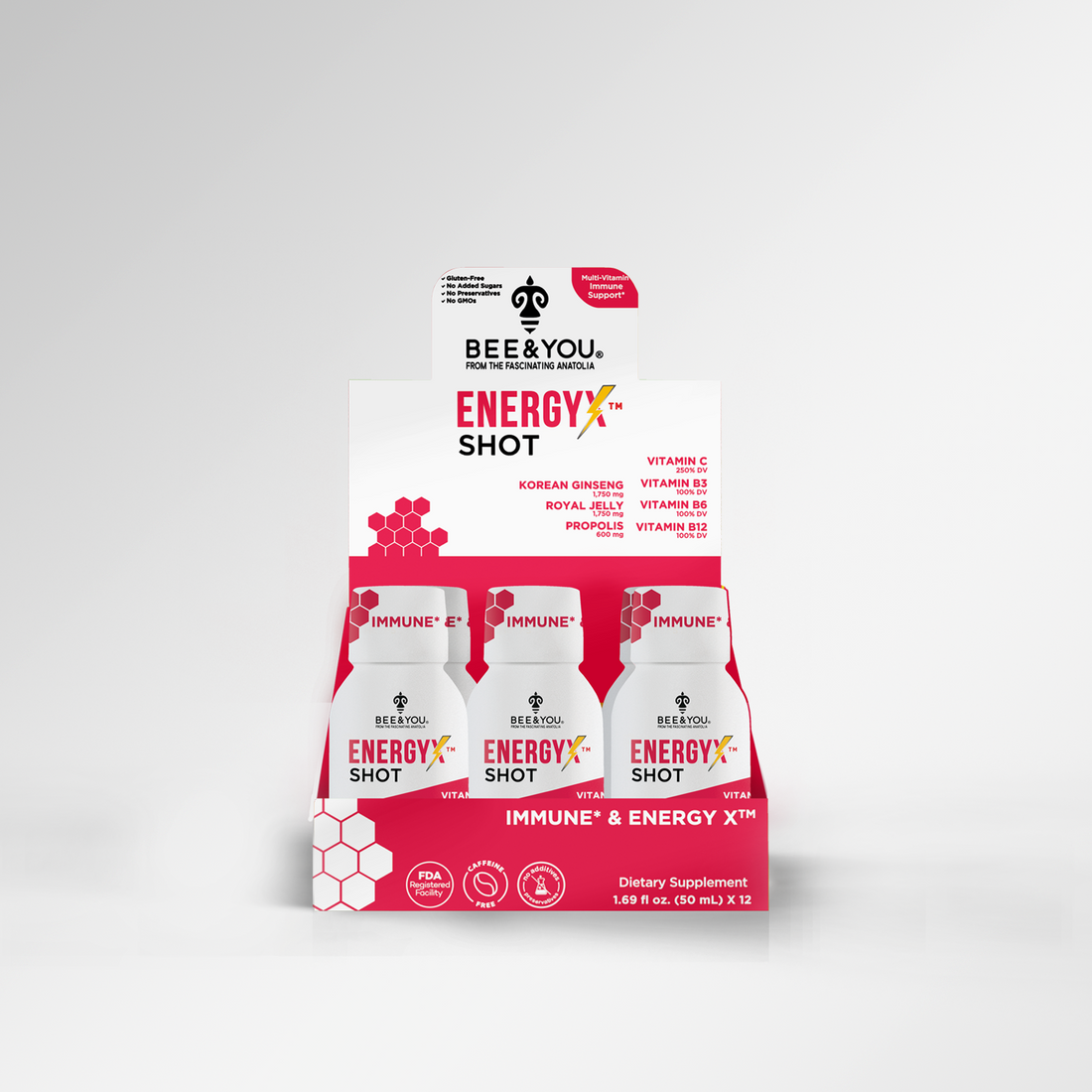 Energy-X Koninginnegelei Rode Ginseng Propolis Rauwe Honing Shots voor Volwassenen x12