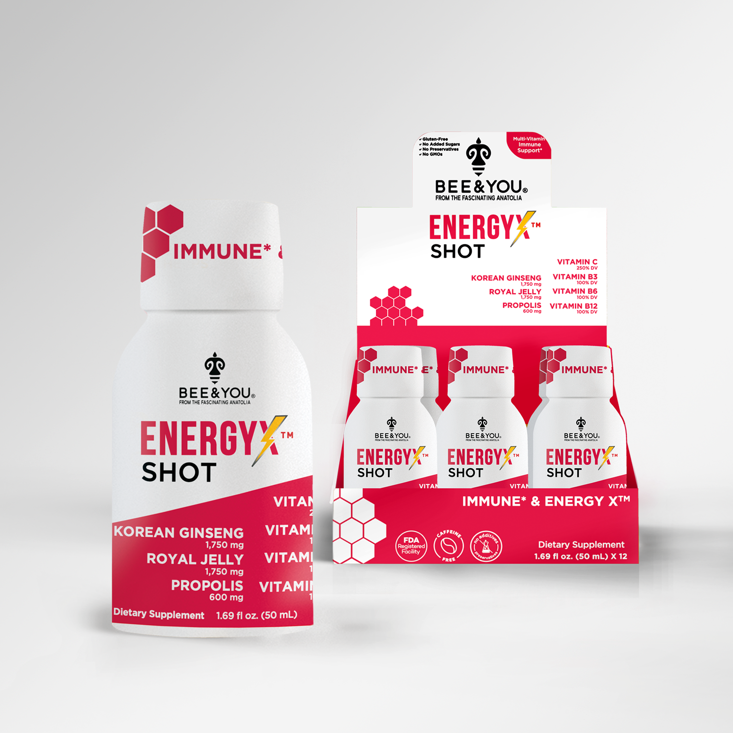 Energy-X Koninginnegelei Rode Ginseng Propolis Rauwe Honing Shots voor Volwassenen x12